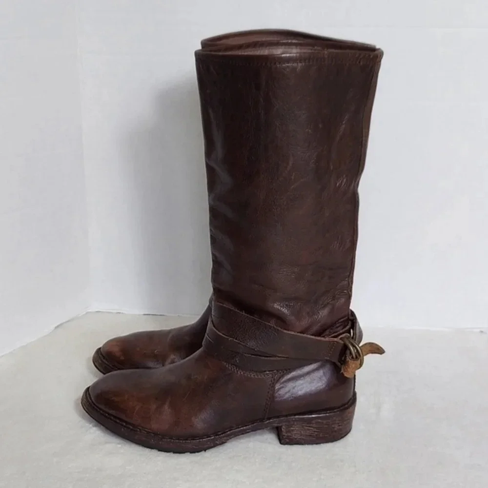 Vintage Shoe Company Distressed Brown Leather Boots Wrap Around Buckle Straps